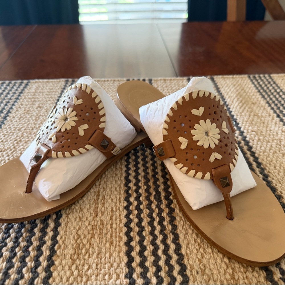 Jack Rogers Tan and Cream Leather Collins Sandals Sz. 7.5 EUC